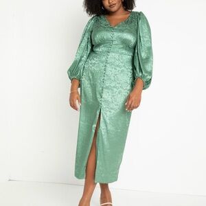 Eloquii Satin Green pattern Long Sleeve Dress